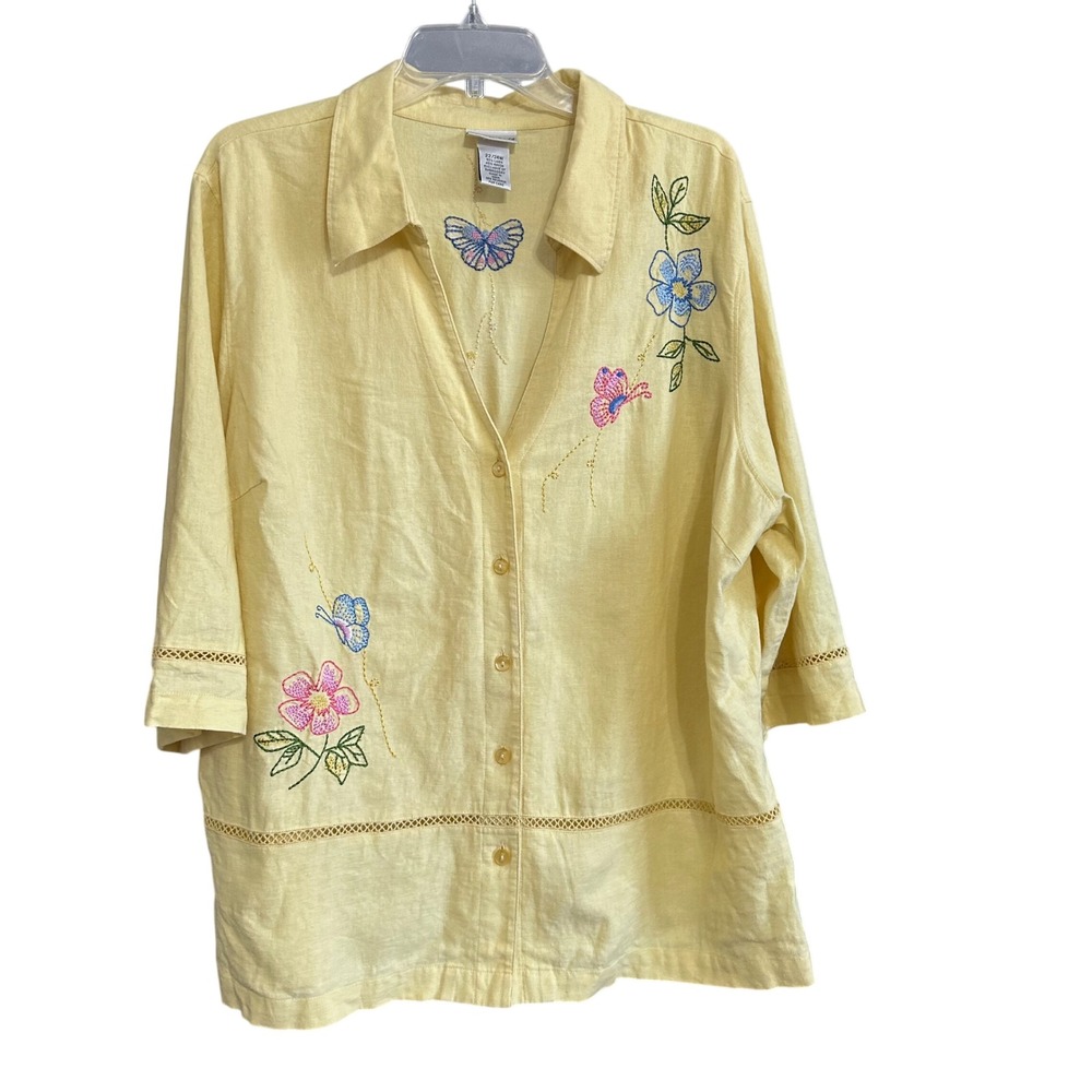 Fashion Bug Yellow Linen Blend Embroidered Butterfly Floral Top Jacket 22/24W‎